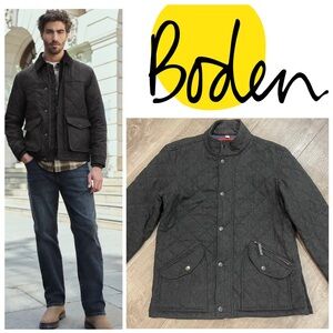 Boden Charcoal Quilted Wool Jacket in Herringbone Grey